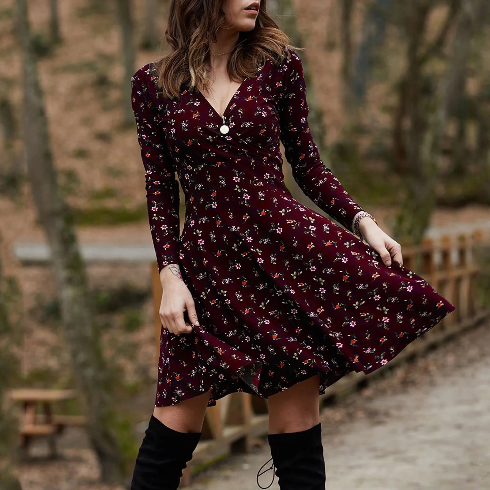 Pleated V-Neck Dress